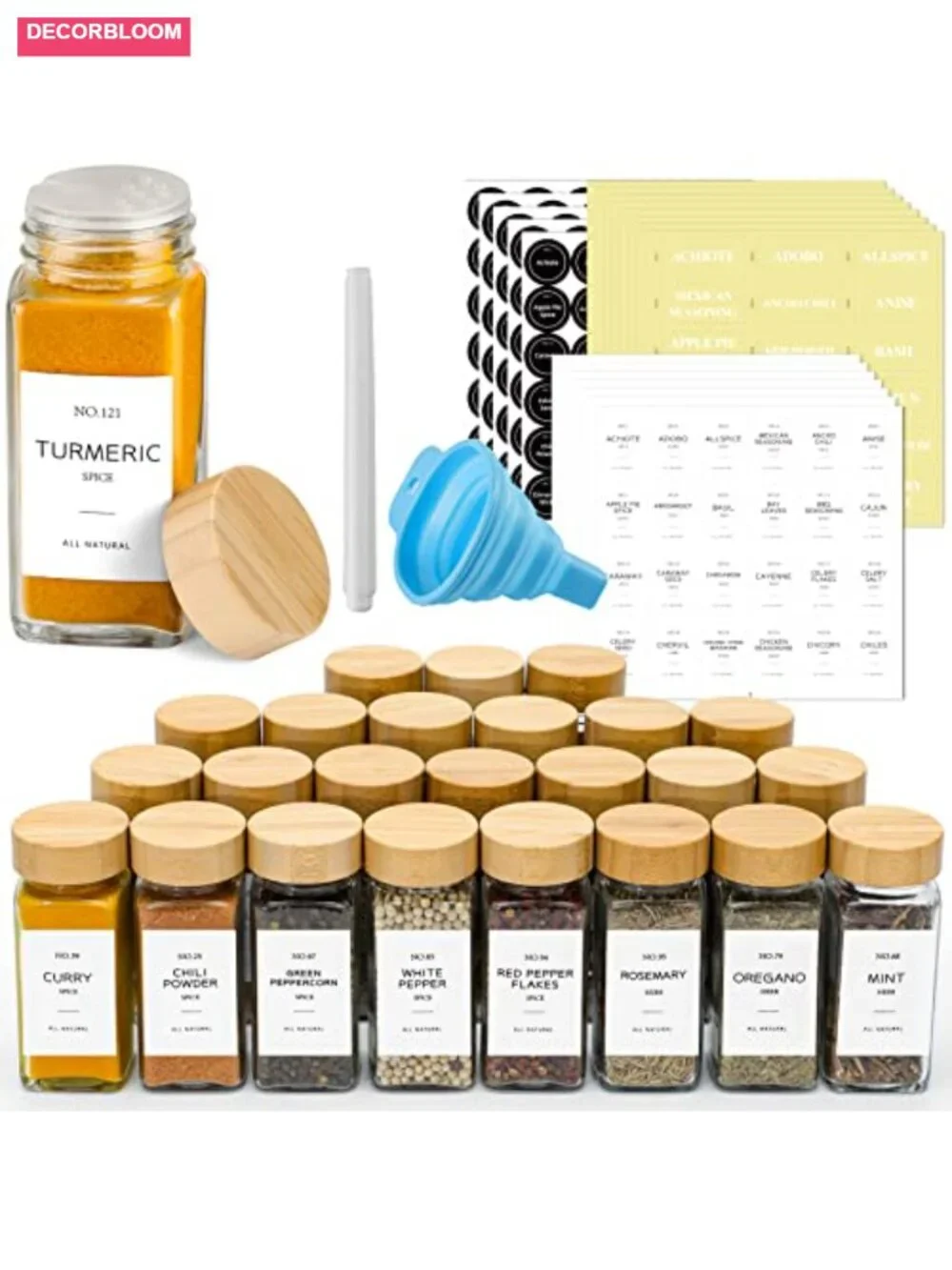 24 Glass Spice Jars with Bamboo Lids, Shaker Lids, Funnel & Labels